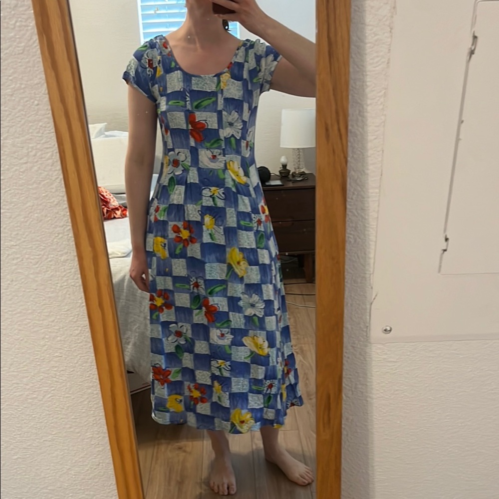 Vintage Jams World scoop neck tie waist midi dress in Vinyette Check